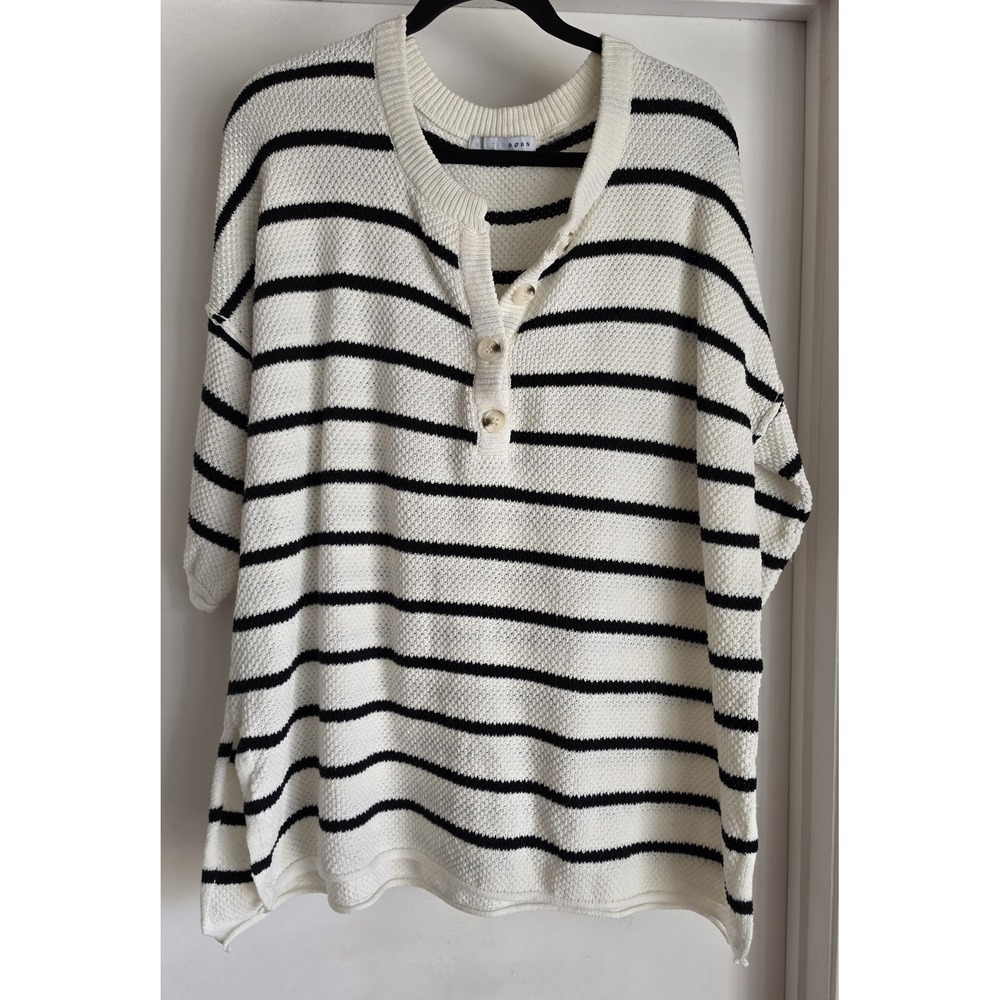 Baltic Born Women Striped Sweater 1X Collared Short Sleeve White Black Top